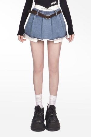 Outfit Women Aesthetic, Womens Aesthetic Outfits - Y2K Fake Two Piece Pleated Mini Skirt