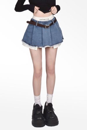 Outfit Women Aesthetic, Womens Aesthetic Outfits - Y2K Fake Two Piece Pleated Mini Skirt
