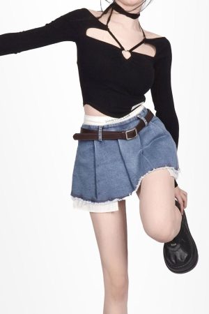 Outfit Women Aesthetic, Womens Aesthetic Outfits - Y2K Fake Two Piece Pleated Mini Skirt