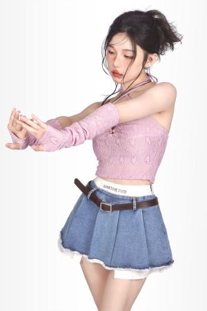 Outfit Women Aesthetic, Womens Aesthetic Outfits - Y2K Fake Two Piece Pleated Mini Skirt