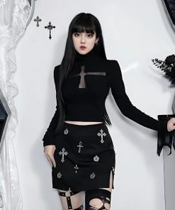 Outfits With Long Pencil Skirts, Flirty Fashion Aesthetic - Goth Cross Cut Out Top