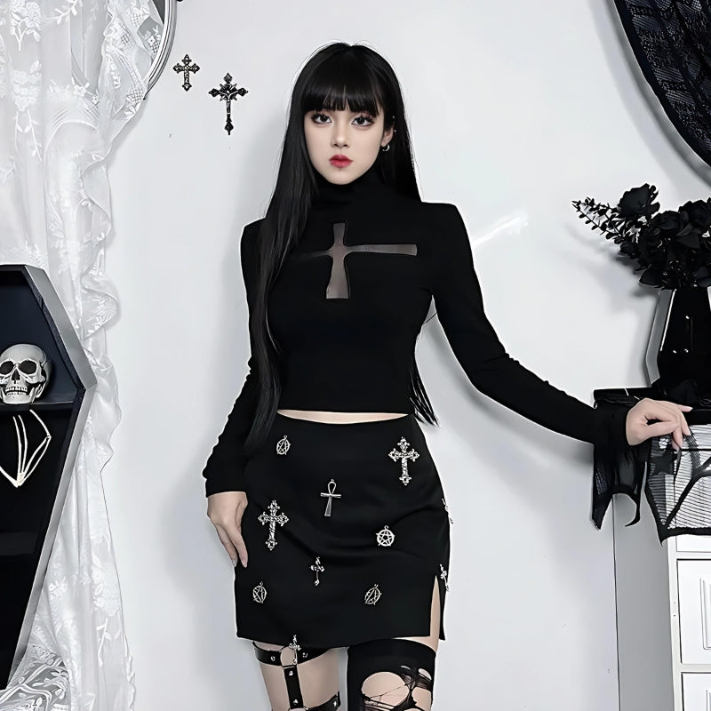 Outfits With Long Pencil Skirts, Flirty Fashion Aesthetic - Goth Cross Cut Out Top Outfits With Long Pencil Skirts, Flirty Fashion Aesthetic - Goth Cross Cut Out Top