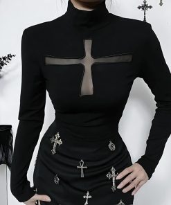 Outfits With Long Pencil Skirts, Flirty Fashion Aesthetic - Goth Cross Cut Out Top