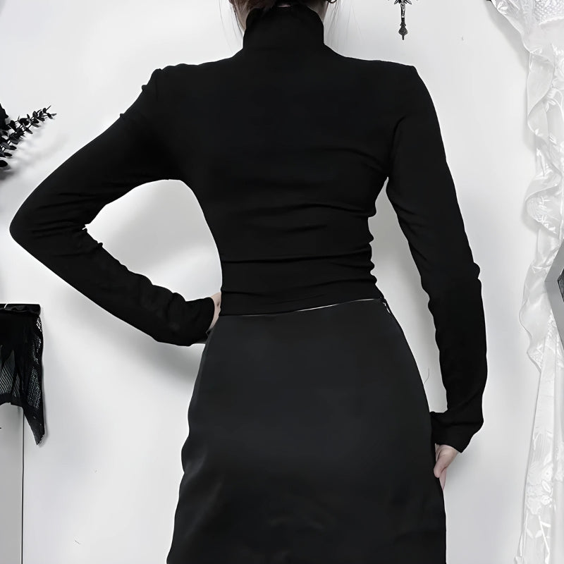 Outfits With Long Pencil Skirts, Flirty Fashion Aesthetic - Goth Cross Cut Out Top Outfits With Long Pencil Skirts, Flirty Fashion Aesthetic - Goth Cross Cut Out Top