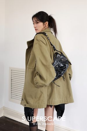 Oversized All-Cotton Twill Denim Jacket with Stand Collar - Mid-Length Casual Outerwear for 90s and Y2K Style