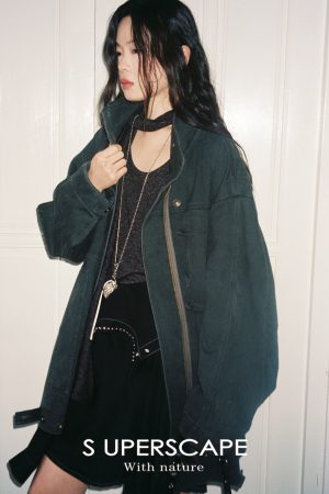 Oversized All-Cotton Twill Denim Jacket with Stand Collar - Mid-Length Casual Outerwear for 90s and Y2K Style