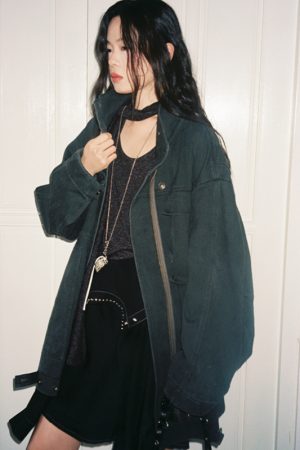 Oversized All-Cotton Twill Denim Jacket with Stand Collar - Mid-Length Casual Outerwear for 90s and Y2K Style