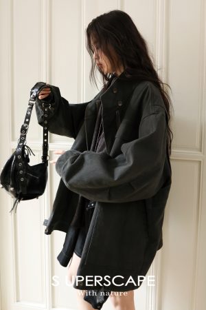 Oversized All-Cotton Twill Denim Jacket with Stand Collar - Mid-Length Casual Outerwear for 90s and Y2K Style