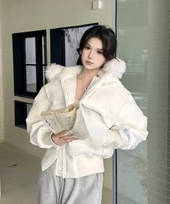 Oversized Black and White Hooded Pilot Jacket - Fluffy Cotton Coat, Thick Warm Outerwear for Y2K Style Fashion