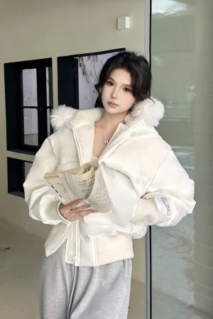 Oversized Black and White Hooded Pilot Jacket - Fluffy Cotton Coat, Thick Warm Outerwear for Y2K Style Fashion