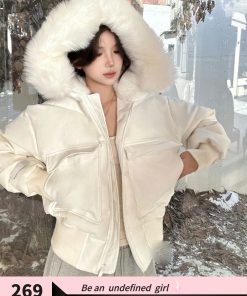 Oversized Black and White Hooded Pilot Jacket - Fluffy Cotton Coat, Thick Warm Outerwear for Y2K Style Fashion