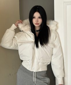 Oversized Black and White Hooded Pilot Jacket - Fluffy Cotton Coat, Thick Warm Outerwear for Y2K Style Fashion