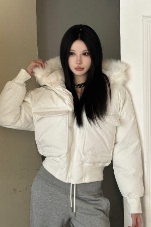 Oversized Black and White Hooded Pilot Jacket - Fluffy Cotton Coat, Thick Warm Outerwear for Y2K Style Fashion