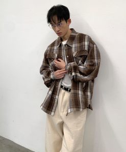 Oversized Brown Plaid Quilted Shirt for Autumn/Winter 2025 - Trendy 90s Inspired Layering Piece