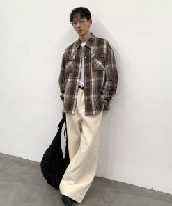 Oversized Brown Plaid Quilted Shirt for Autumn/Winter 2025 - Trendy 90s Inspired Layering Piece
