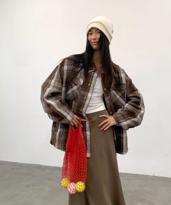Oversized Brown Plaid Quilted Shirt for Autumn/Winter 2025 - Trendy 90s Inspired Layering Piece