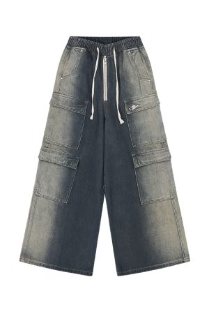 Oversized Casual Wide-Leg Pants with Pockets in Rewashed Water-Heavy Fabric - Trendy Korean Style Fashion for Comfort and Style