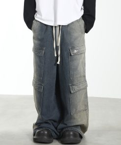 Oversized Casual Wide-Leg Pants with Pockets in Rewashed Water-Heavy Fabric - Trendy Korean Style Fashion for Comfort and Style