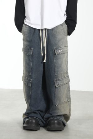 Oversized Casual Wide-Leg Pants with Pockets in Rewashed Water-Heavy Fabric - Trendy Korean Style Fashion for Comfort and Style