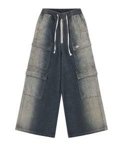 Oversized Casual Wide-Leg Pants with Pockets in Rewashed Water-Heavy Fabric - Trendy Korean Style Fashion for Comfort and Style