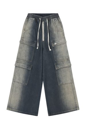 Oversized Casual Wide-Leg Pants with Pockets in Rewashed Water-Heavy Fabric - Trendy Korean Style Fashion for Comfort and Style