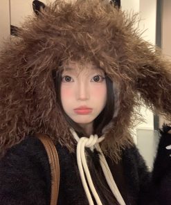 Oversized Thickened Fleece Little Monster Plush Hat for Women - Cute Warm Ear Protection for a Smaller Face, Cozy Winter Accessory