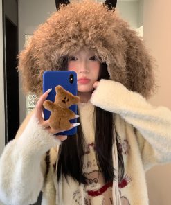 Oversized Thickened Fleece Little Monster Plush Hat for Women - Cute Warm Ear Protection for a Smaller Face, Cozy Winter Accessory