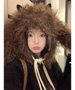 Oversized Thickened Fleece Little Monster Plush Hat for Women - Cute Warm Ear Protection for a Smaller Face, Cozy Winter Accessory