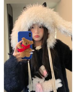 Oversized Thickened Fleece Little Monster Plush Hat for Women - Cute Warm Ear Protection for a Smaller Face, Cozy Winter Accessory