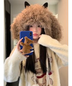 Oversized Thickened Fleece Little Monster Plush Hat for Women - Cute Warm Ear Protection for a Smaller Face, Cozy Winter Accessory