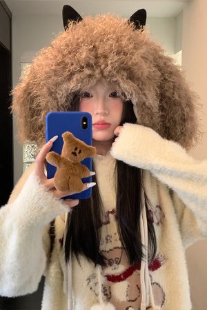 Oversized Thickened Fleece Little Monster Plush Hat for Women - Cute Warm Ear Protection for a Smaller Face, Cozy Winter Accessory