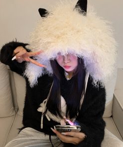 Oversized Thickened Fleece Little Monster Plush Hat for Women - Cute Warm Ear Protection for a Smaller Face, Cozy Winter Accessory