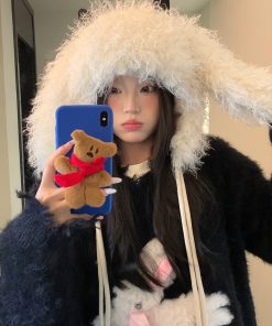 Oversized Thickened Fleece Little Monster Plush Hat for Women - Cute Warm Ear Protection for a Smaller Face, Cozy Winter Accessory