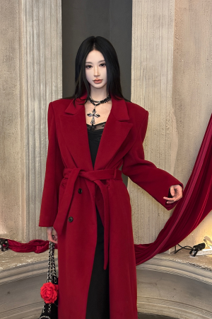 Oversized Tie-Waist Long Coat with Notched Lapel - Cool Sister Style, Loose Fit, Trendy Layering Piece for 90s and Y2K Fashion