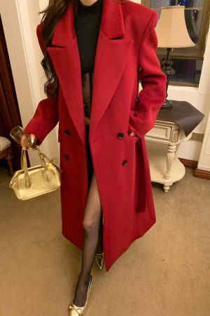 Oversized Tie-Waist Long Coat with Notched Lapel - Cool Sister Style, Loose Fit, Trendy Layering Piece for 90s and Y2K Fashion