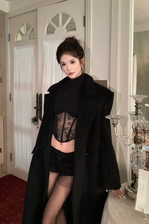 Oversized Tie-Waist Long Coat with Notched Lapel - Cool Sister Style, Loose Fit, Trendy Layering Piece for 90s and Y2K Fashion