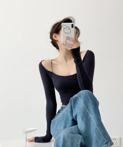 Padded Long Sleeve Off-Shoulder T-Shirt for Women, Slim Fit Base Layer, Spring Fashion Top, Sexy 90s Style