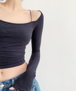 Padded Long Sleeve Off-Shoulder T-Shirt for Women, Slim Fit Base Layer, Spring Fashion Top, Sexy 90s Style