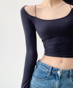 Padded Long Sleeve Off-Shoulder T-Shirt for Women, Slim Fit Base Layer, Spring Fashion Top, Sexy 90s Style