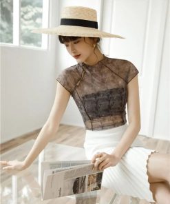 Pants And White Shirt Outfit, Senior Style - High Neck Mesh Top