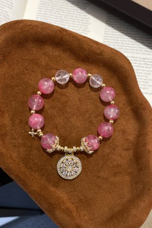 Peach Blossom Pink Strawberry Crystal Compass Bracelet - INS Style Light Luxury Women's Wristband, Niche Design Accessory