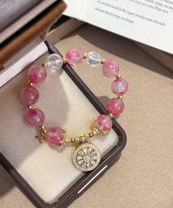 Peach Blossom Pink Strawberry Crystal Compass Bracelet - INS Style Light Luxury Women's Wristband, Niche Design Accessory