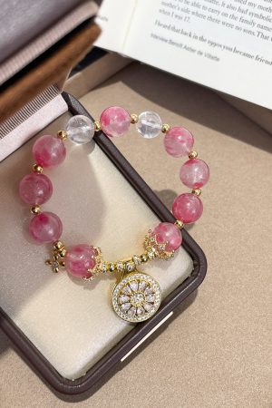 Peach Blossom Pink Strawberry Crystal Compass Bracelet - INS Style Light Luxury Women's Wristband, Niche Design Accessory