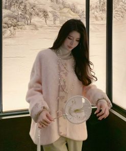 Peach Blossom Print Women's Thick Wool Coat, Chinese Style National Wind, High-End Quality Woolen Outerwear, Elegant Fashion Statement