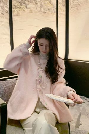 Peach Blossom Print Women's Thick Wool Coat, Chinese Style National Wind, High-End Quality Woolen Outerwear, Elegant Fashion Statement