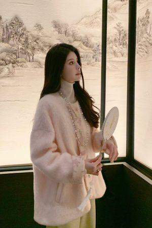 Peach Blossom Print Women's Thick Wool Coat, Chinese Style National Wind, High-End Quality Woolen Outerwear, Elegant Fashion Statement