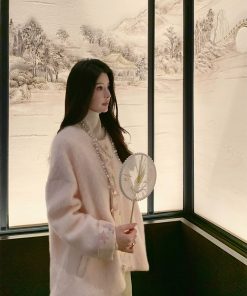 Peach Blossom Print Women's Thick Wool Coat, Chinese Style National Wind, High-End Quality Woolen Outerwear, Elegant Fashion Statement