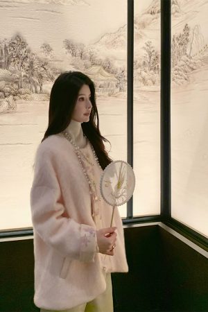 Peach Blossom Print Women's Thick Wool Coat, Chinese Style National Wind, High-End Quality Woolen Outerwear, Elegant Fashion Statement