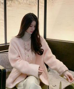 Peach Blossom Print Women's Thick Wool Coat, Chinese Style National Wind, High-End Quality Woolen Outerwear, Elegant Fashion Statement