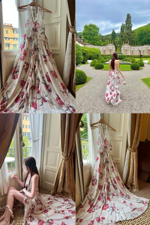 Peach Blossom Printed Slip Dress for Tall Figures - High-End Socialite Style with Slim Fit and Slit - Perfect for Y2K Fashion